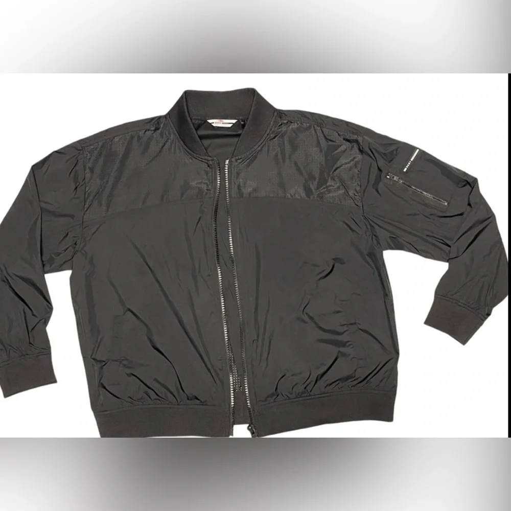 DKNY SPORT ZIP-UP WINDBREAKER JACKET LOGO DRAWSTRING UNISEX BLACK COLOR SZ LARGE
